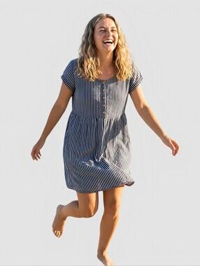 Pyne & Smith #10 Fine European Linen Navy Stripe Shift Dress SzL Minimalist